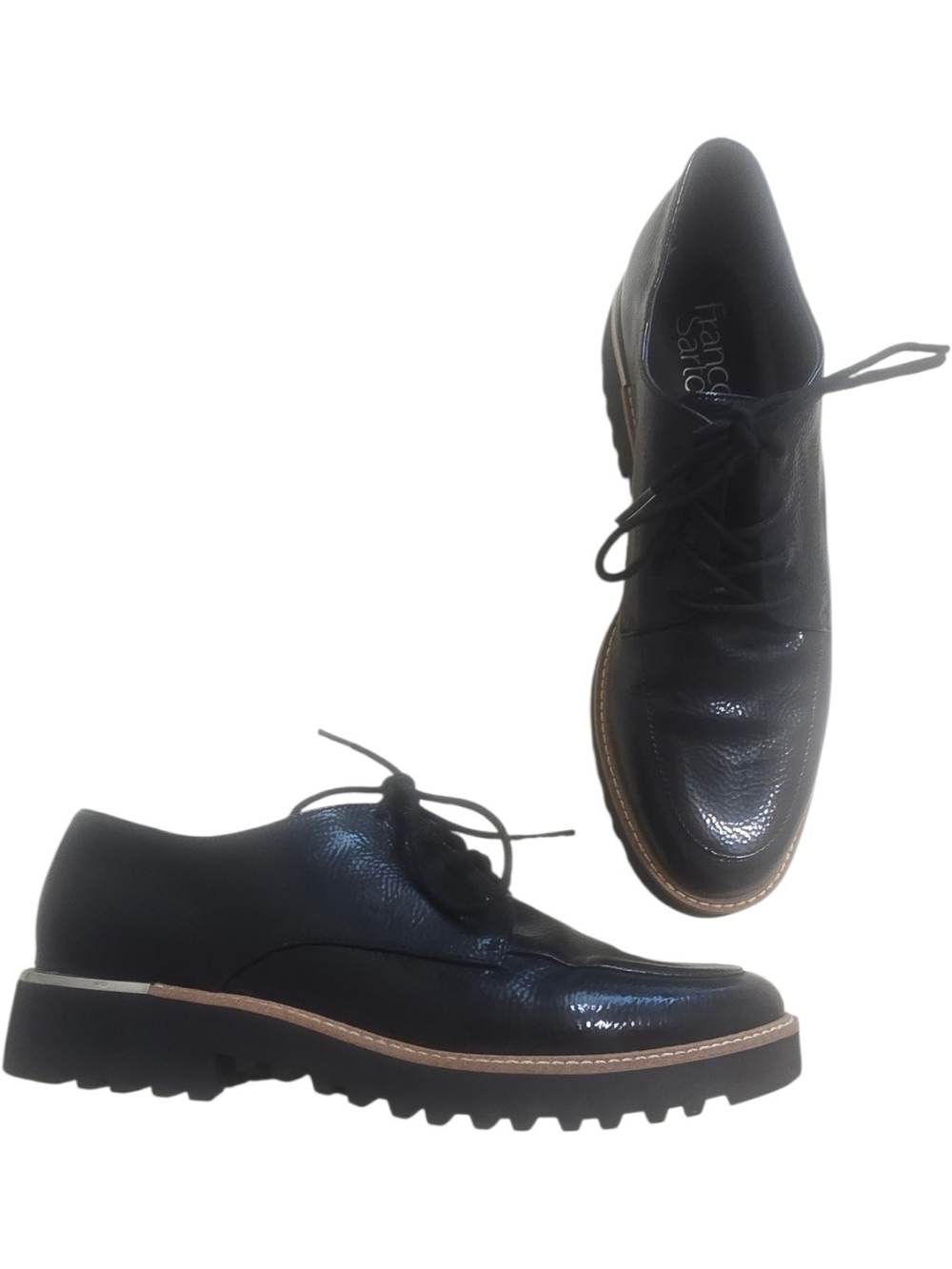 Franco Sarto Charles Black Patent Derby Oxford Loafers Chunky Lace Up 8M Preppy